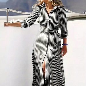 Black Boho Womens Striped Belted Shirt Dress